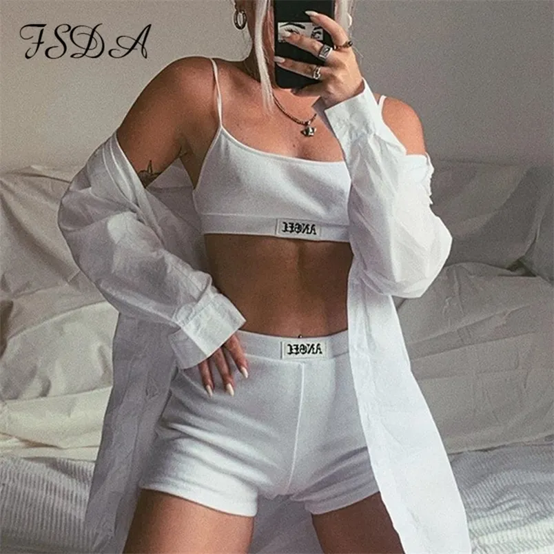 FSDA Été Ribber Femmes Ensemble Blanc Spaghetti Strap Crop Top Et Mini Biker Shorts Broderie Deux Pièces Ensembles Sexy Outfit Party 220602