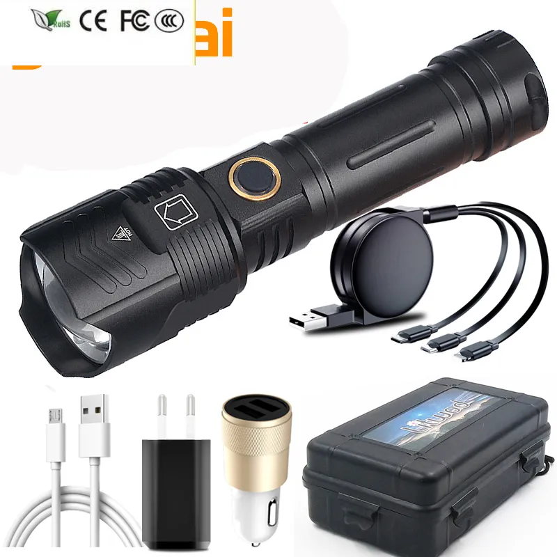 New 9-cell XHP100 LED Flashlight USB Rechargeable Power Bank 18650 26650 Battery Flashlight Zoom Aluminum Lantern 30W Night Walking