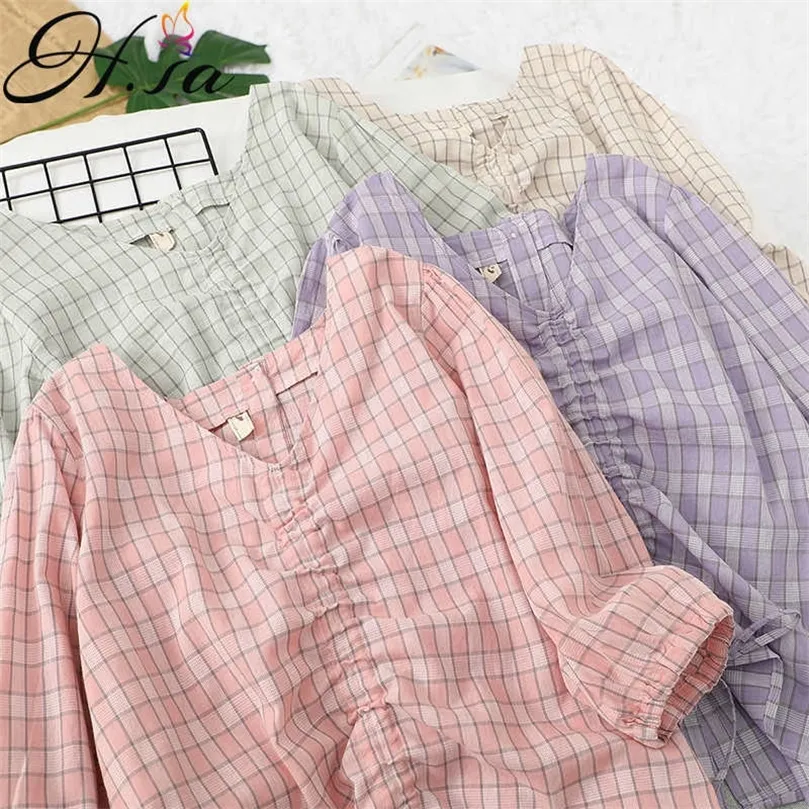 Hsa dames zomerkleding halve mouw gedraaid plaid blusa en shirts Koreaanse mode blouses boog purple roze zomer tops 210716