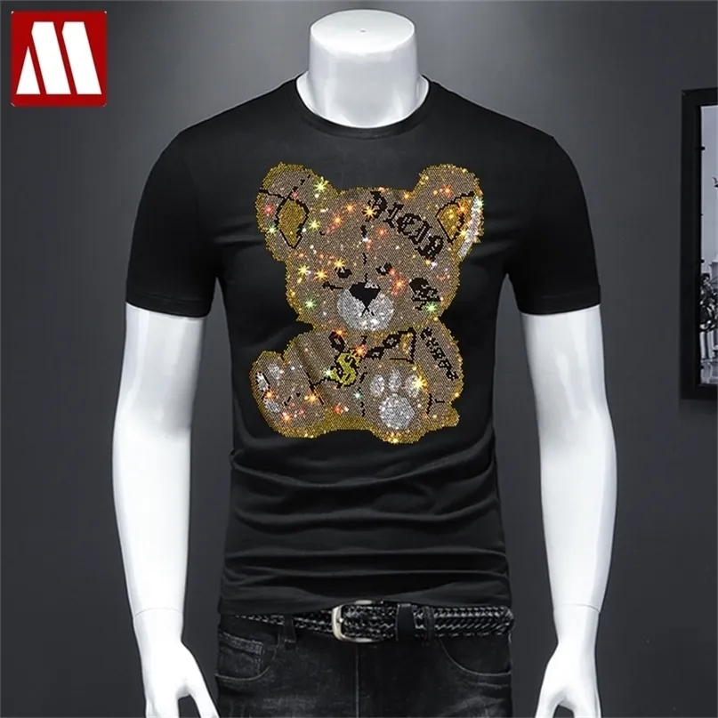 Rhinestones Tshirt Men T Shirt Unisex Streetwear Slim Mäns Kortärmad T-shirts Diamond Inlagda Teddy Bear Toy Plus Size Cool 220408