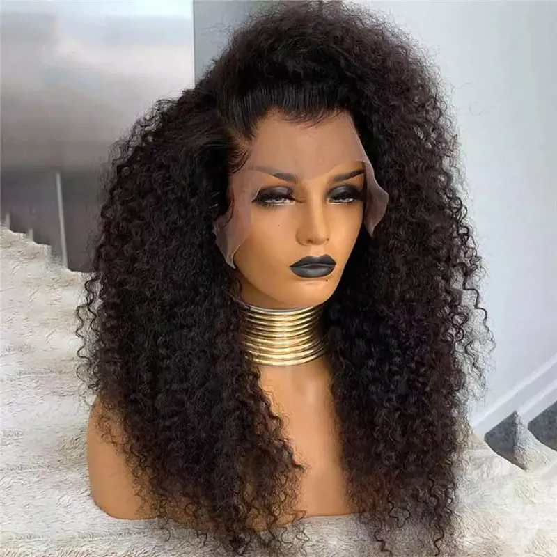 26inch 180%Dichte Langes natürliche schwarze Farbe Brazilian Kinky Curly Free Teil Glueless Spitze Vorderperücke für Frauen mit Babyhaaren tägliche Perücke