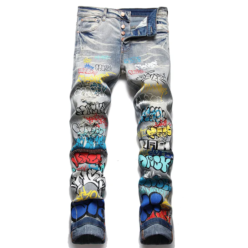 Moda casual retro azul rasgado jeans masculino fino estiramento impressão e tingimento calças jeans graffiti vaqueros de hombre