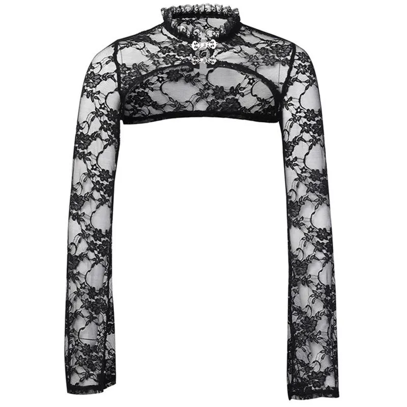 Blouses pour femmes Chemises Femmes Manches longues Slim Boléro Volants Col montant Floral Dentelle Shrug Crop TopWomen's