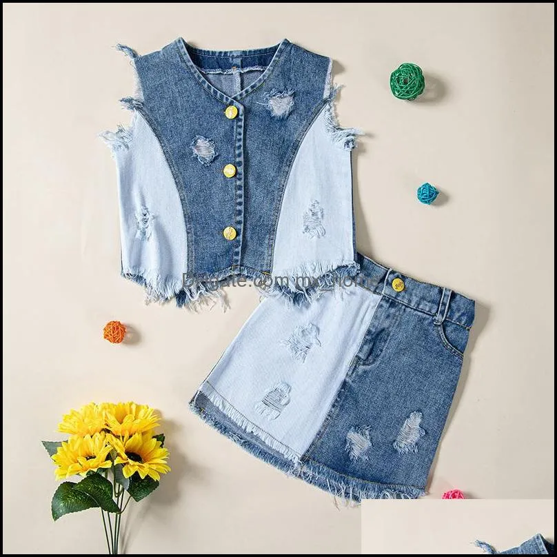 Zestawy odzieży Dziewczyny Dziewczyny Ostra Dzieci kamizelka jeansowa topsandcowboy spódnice 2pcs/set letni moda ubrania dziecięce z6 mxhome dhgbp