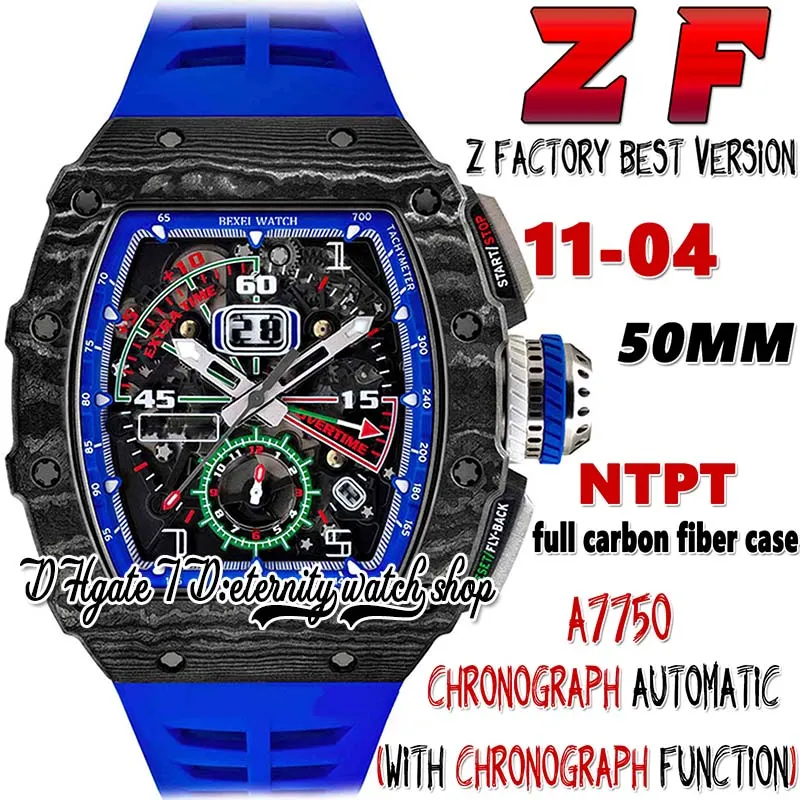 Z Neueste Version zf11-04 A7750 Chronograph Automatik Herrenuhr NTPT Vollcarbon Tonneau Case Stahlskelett Zifferblatt Kautschukband Super Edition Ewigkeitsuhren