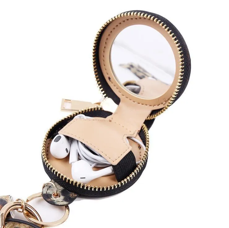 PU Leather Tassels Bracelets Keychain Wristlet Earphone Bag Makeup Bag With Mirror Keyring Bluetooth Headset Storage Box