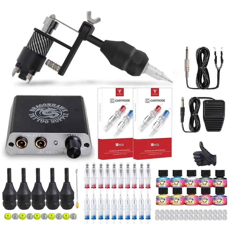 Dragonhawk Tattoo Kit Rotary Motor Machine Gun Power Supply Needles Grips Inks Set D3085