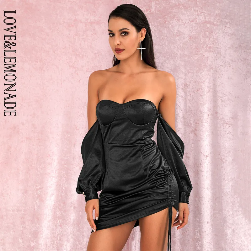 LOVELEMONADE Sexy noir épaules dénudées bustier tubulaire manches amples smocké Tiestring moulante Mini robe de soirée LM81972 220507