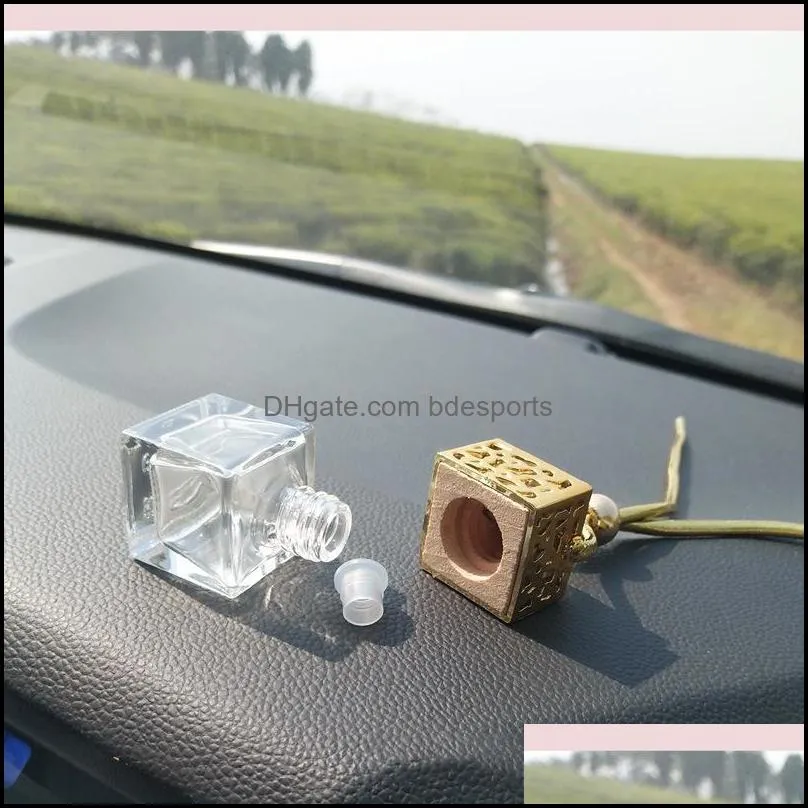 Cube Car Perfume Bottle Car Hanging Perfume Air Freshener For  Oils Diffuser Fragrance Empty Glass Bottle 4 Clors