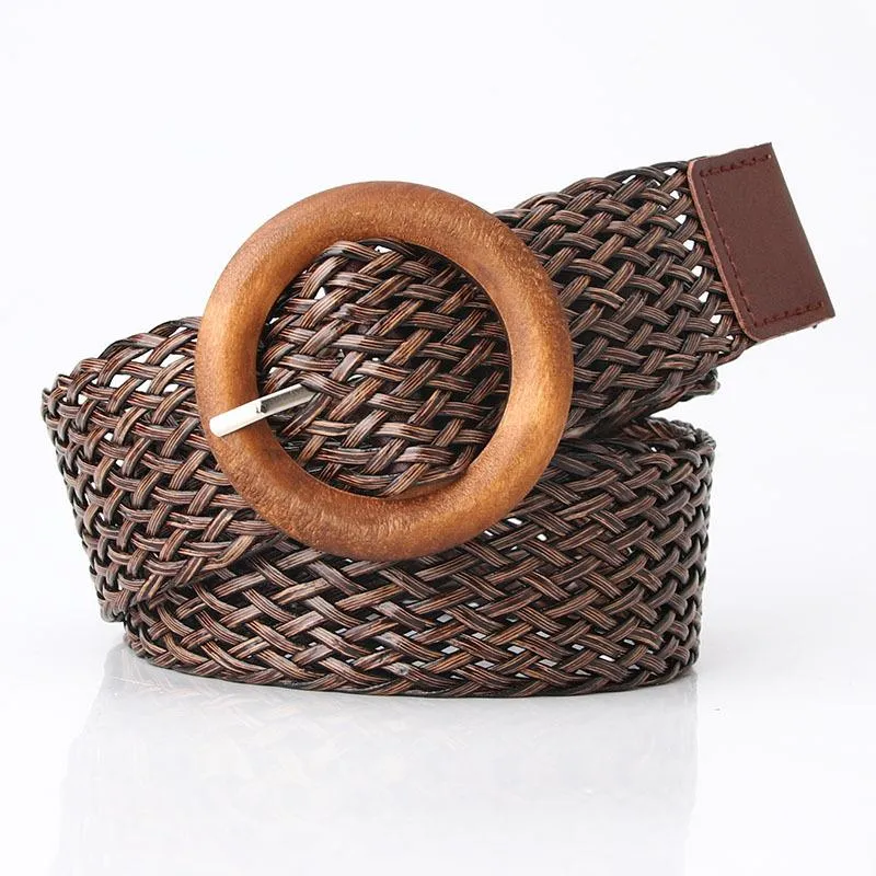 Belts 105cm*3.5cm Fashion Braided Belt Women All-Match Waistband Female Waist Strap Lady Band Round Wood Buckle