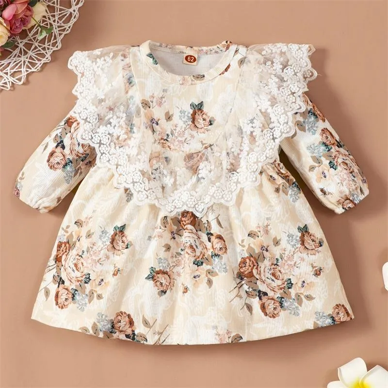 Flickans klänningar Spring Baby Girls Princess Dress Full Sleeve Lace Collar For Kids Floral Children kläder