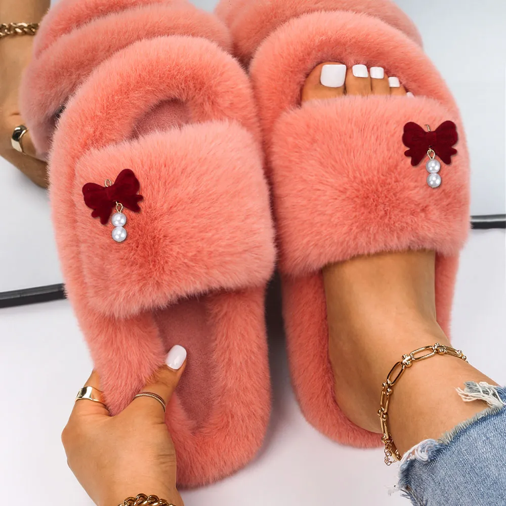 Luxury Red Bowknot Faux Fur Slides For Women Designer Fluffy Comfy