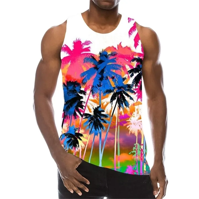 Palm Tree Graphic Tank Top For Men 3D Print Sleeveless Beach Hemp Palm Pattern Tops Paint Vest Hawaii Colorful Pigment T-shirt 220530