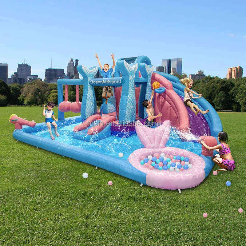 Neues Design Deluxe Outdoor Fun Mermaid aufblasbare Wasserrutsche Splash Pool Park Bälle Hochleistungsnylon Bounce House Kletterwand