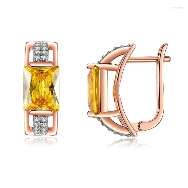 Clip-on & Screw Back Rose Gold Color Earrings For Women Engagement Jewelry Romantic Square Ruby Topaz Zircon Austria Crystal Drop WholesaleC