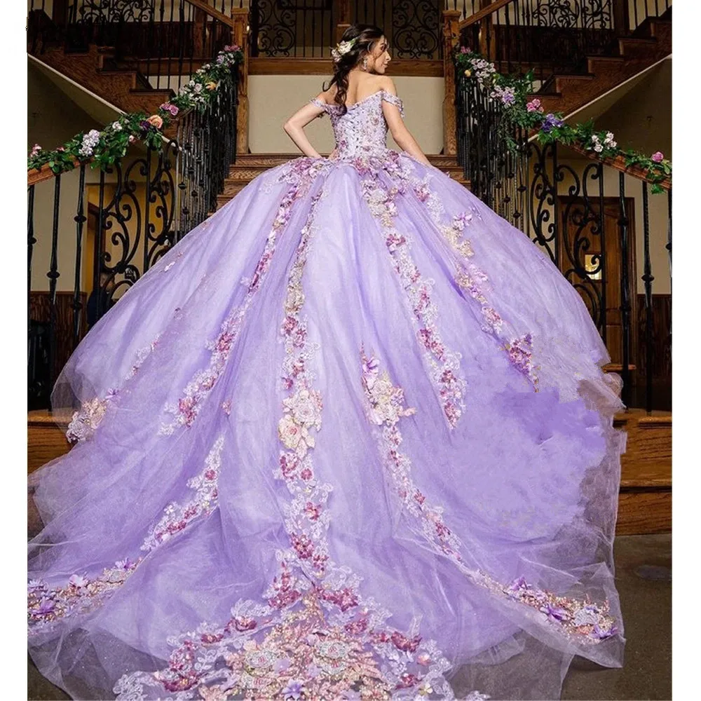 Beaded Lavender Tulle Ruffled Train Puffy Prom Dress - Xdressy