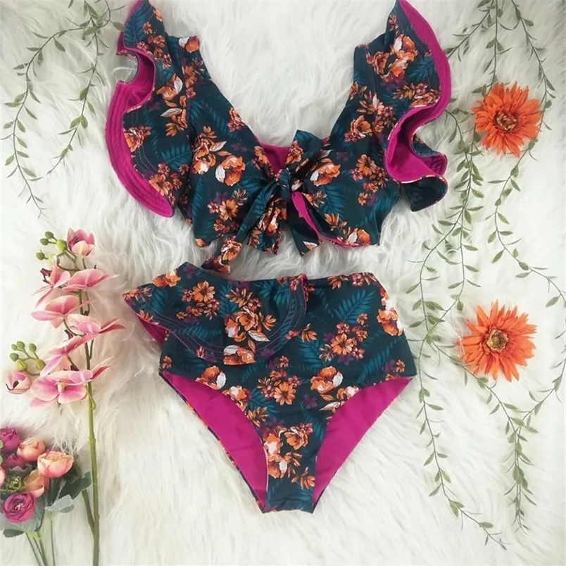 Kadınlar için yüksek bel bandaj bikini seti çiçek baskılı fırfırlı bikinis push up strappy bzilyalı biquini mayo 210319