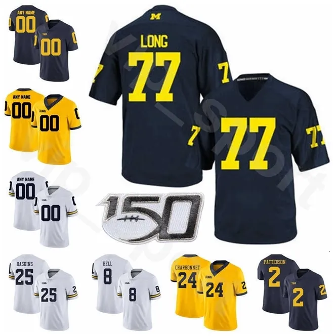 Chen37 NCAA Football Michigan Wolverines College 1 Maillot Anthony Carter 76 Steve Hutchinson 22 Ty Law Jake Long Tom Harmon Bleu Marine Blanc Jaune