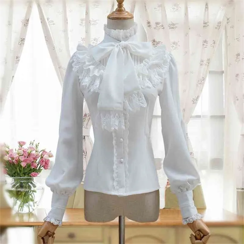 Vintage Women's Lolita Shirt Gothic Chiffon Ruffle Blouse Long Sleeve Blusas Black/White/Navy Blue/Burgundy 210326