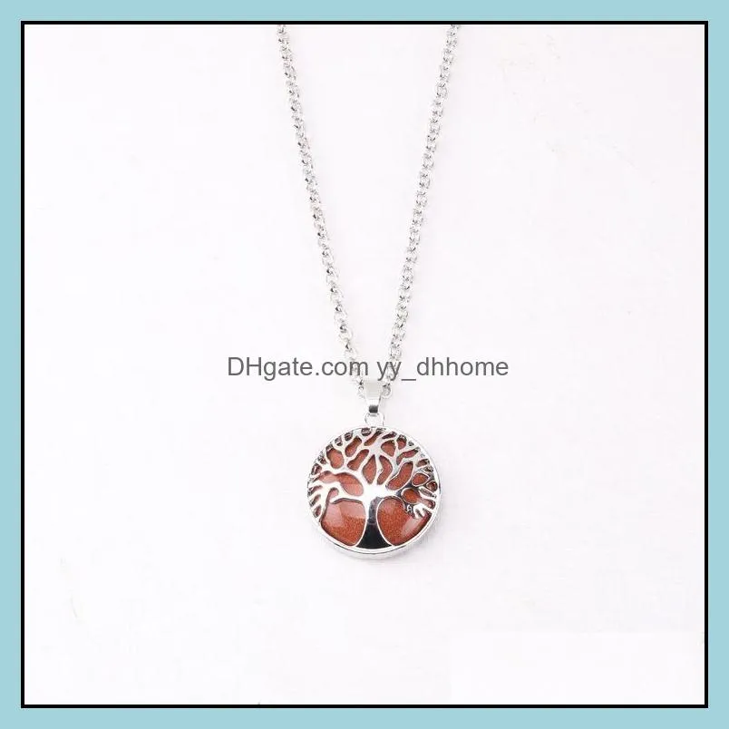 natural stone tree of life necklaces opal tiger`s eye pink quartz crystal chakra reiki healing pendulum penant necklace