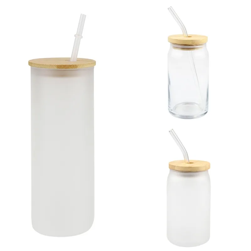 12oz 16oz 25oz tazza dritto vuoto sublimazione glassata trasparente trasparente caffè tazza di vetro bicchieri con coperchio di bambù e paglia 450 H1