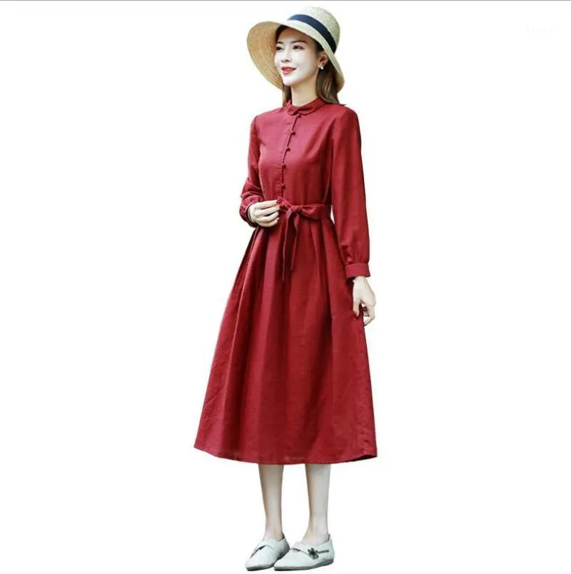 Casual klänningar 2022 Spring och Autum Female Dress Style Slim midja långärmad röd bomullslinne kvinnor klänningar.