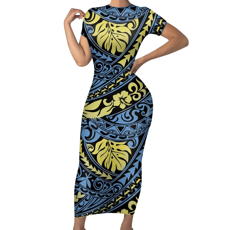 Toptan Fiyat Özel Tasarım Polinezya Kabile Mavi Arka Plan Monstera Leaf Ladies Yaz Sıkı Retro Tarz Elbise 220706
