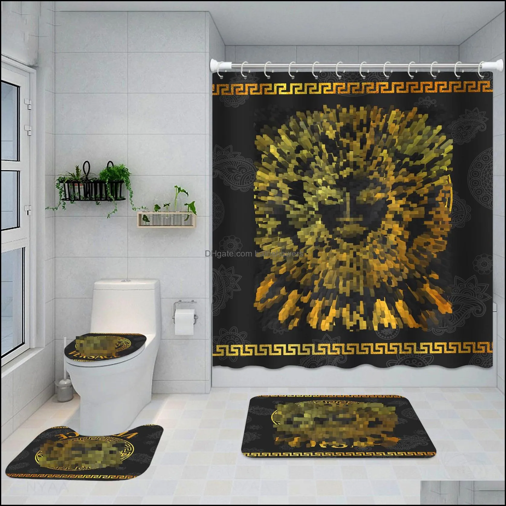 chic floral printed shower curtains full letters designer bathroom mats 4 piece set non slip toilet bath rugs