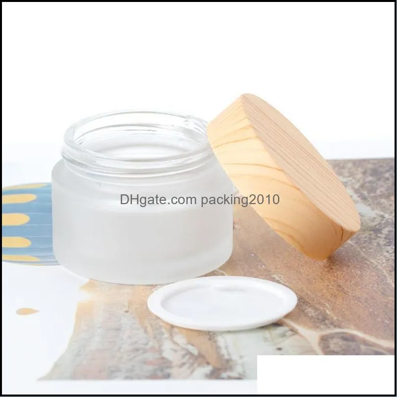 5 10 15 30 50 G / ML Empty Refillable Containers with Wooden Grain Screw Caps and Inner Lids, Round Glass Jars for Cosmetic Body