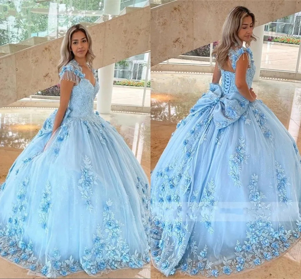 2022 Romantic Sky Blue A-line Prom Quinceanera Dresses 3D Flowers Floral Applique Beading Cap Short Sleeve Bow Sweet 16 Formal Pageant Evening Gowns
