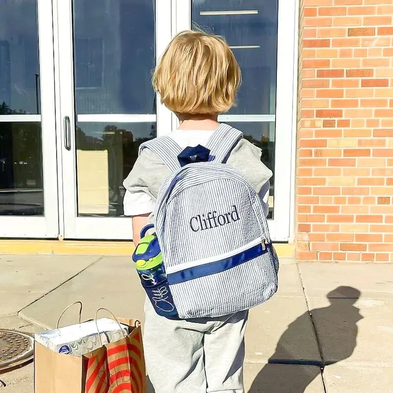 Marinha para criança mochila Seersucker Soft Cotton School Bag dos EUA armazém local Bolsas de livros de livros GRIL GRIL PRESA COMO COM POLOS DO MESH DOMIL106187