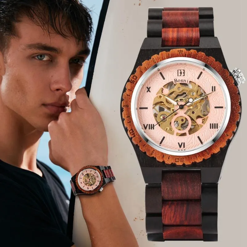 腕時計パンクウッドメンズウォッチメカニカルウォッチファッションスケルトンマン自動調整可能な木製バンドトップクロックライストウォッチwristwatche