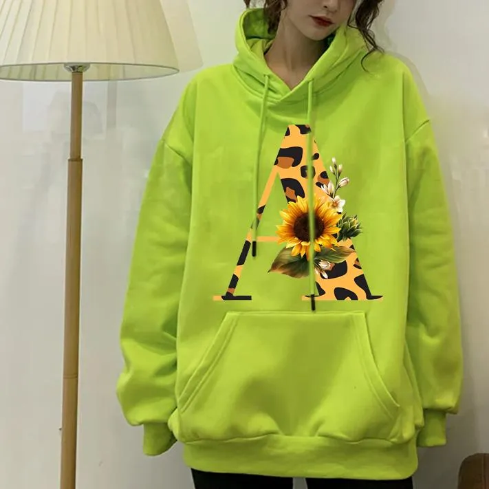 Мужские толстовка толстовок леопардовой подсолнух Harajuku 26 Алфавит Японский зеленый капюшона Топ Винтажная Женщина Пуловая одежда Sudaderas