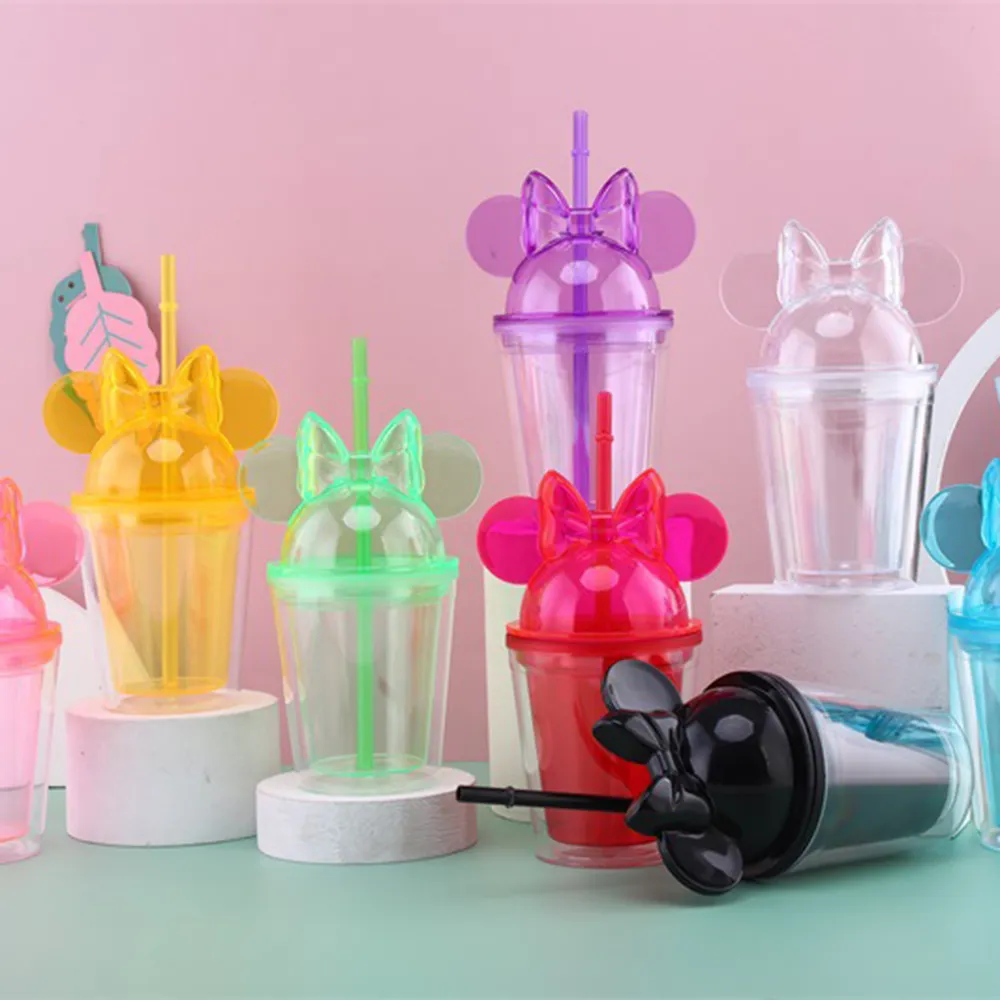 ストロークリアプラスチックドームのふたのカップ子供のパーティー二重壁かわいい漫画水ボトル旅行マグカップ350mlアクリルマウスの耳のタンブラー