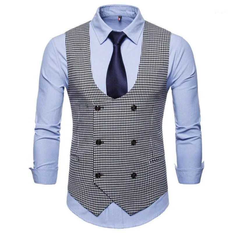 Hommes gilets arrivée vêtements classique formel affaires Slim Fit chaîne gilet costume imprimé à carreaux mâle smoking gilet hommes manteau