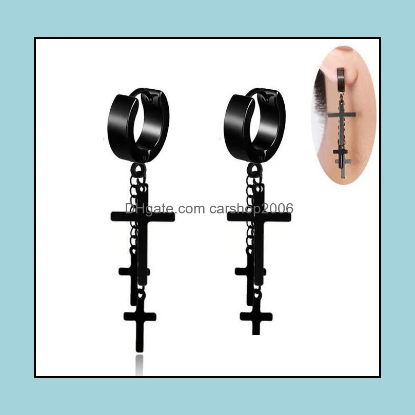 Dangle Chandelier Boucles D'oreilles Bijoux En Acier Inoxydable 316L Hypoallergénique Goujon Pour Hommes Punk Rock Noir Sier Croix Chaîne Gland Boucle D'oreille Goutte