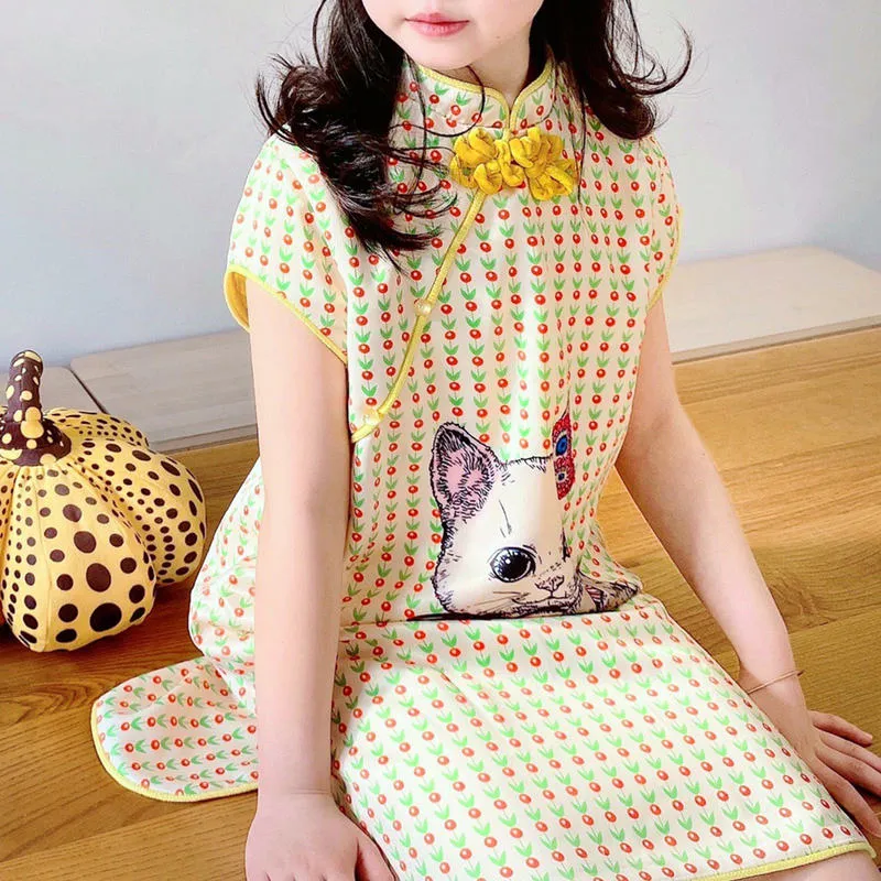 Модный китайский стиль девочки одевать детские одежды детские девочки Cheongsam платья прекрасное костюм платье