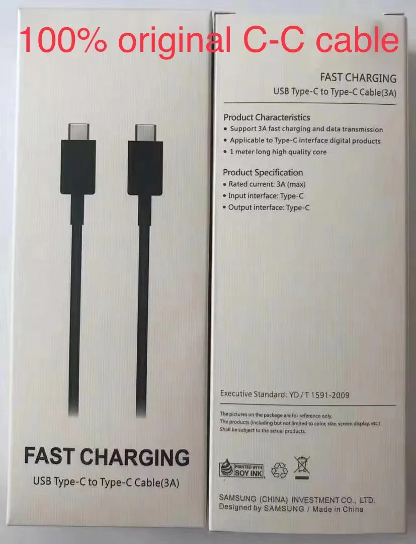 avec emballage de vente au détail Câbles USB de type C 100% d'origine 1M 3FT 2A Câbles de chargeur de charge rapide Cordon Type-C pour Samsung Galaxy S10 note 10 S20