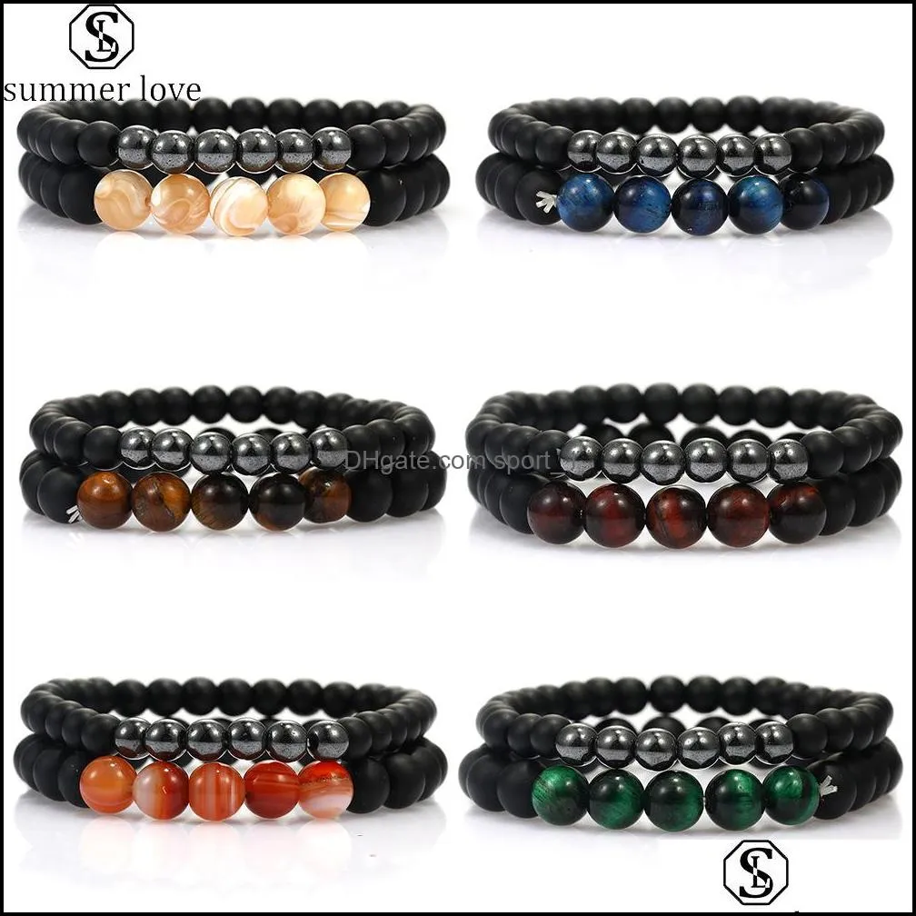 Poxtex 5-Piece Men's Natural Stone Bracelet Set - 8mm Tiger Eye, Lava Rock, Black Agate & More - View #9