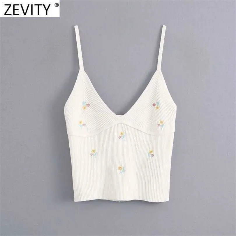 Zevity Women Fashion Floral Embroidery Camis Tank Topps Summer Wear Female V Neck Sticke Casual Sling Vest Crop Tops LS6984 210603