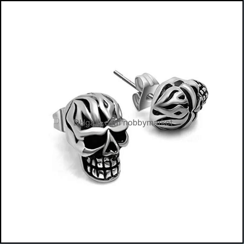 Stud Punk Skull Earrings For Men Boys Cool Silver Color Jewelry Hip-hop Vintage Rock Skeleton