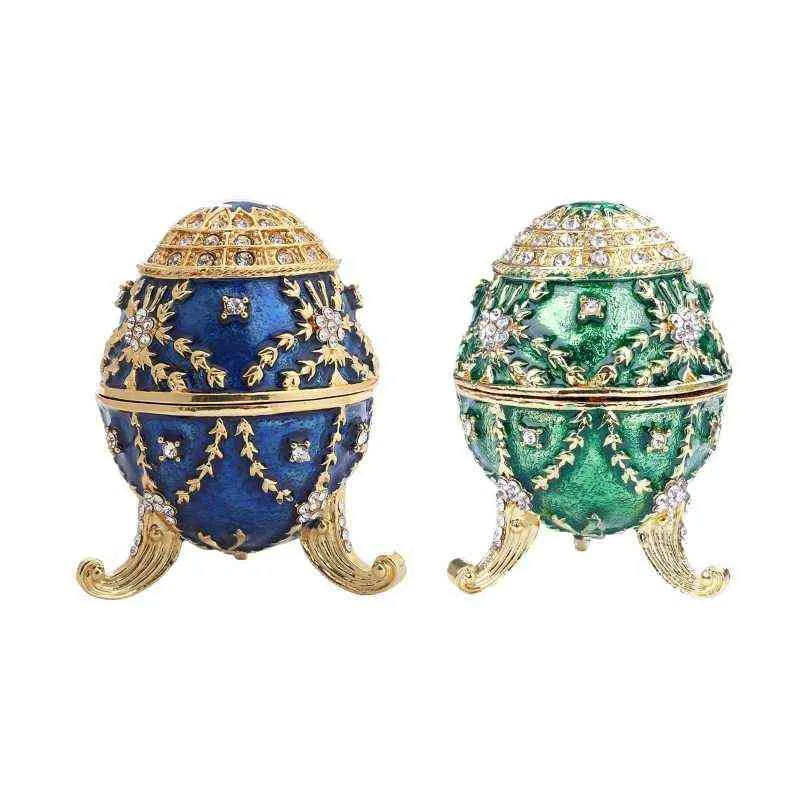 Luxury Green Faberge Easter Egg Russian Royal Case Leg Jewelery Box Holder For Necklace Armband Tablett Dekoration H220505