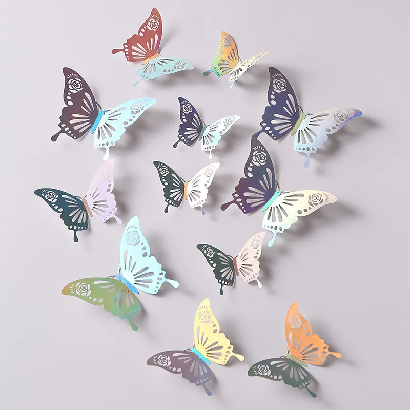 Autocollant mural papillon creux 3D, 3 tailles, or rose argent, sparadrap muraux amovibles, décor, 12 pièces/lot