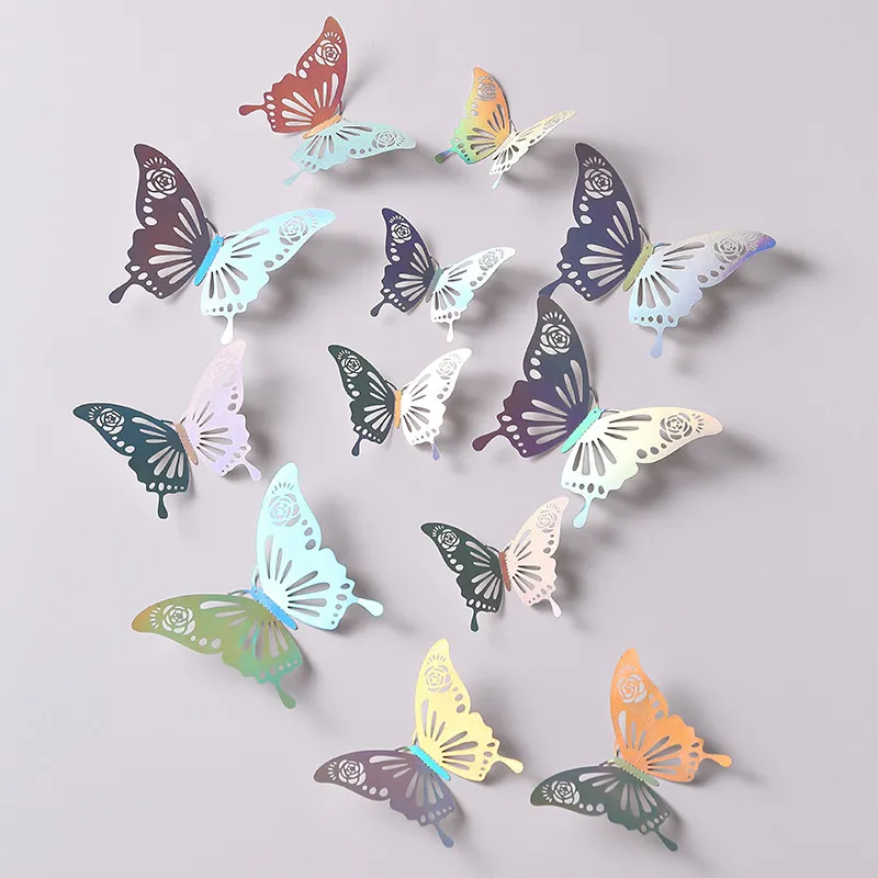 12Pcs/lot 3D Hollow Butterfly Wall Sticker 3 Sizes Gold Pink Silver Butterflies Removable Wall Decals Decor