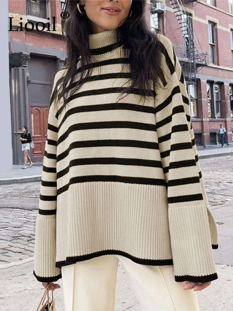 Черно -белый полосовой свитер уличная одежда свободные топы. Женщины пуловер Женский джемпер с длинным рукавом вязаные вязаные свитера 220810