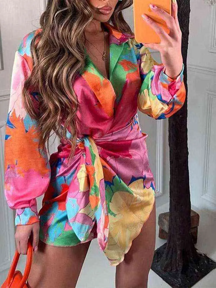 Women Sexy Satin Printed Dress 2022 Summer Fashion Ladies High Street Lace Up Dress Female Deep V Neck Lantern Sleeve Mini Robe T220818