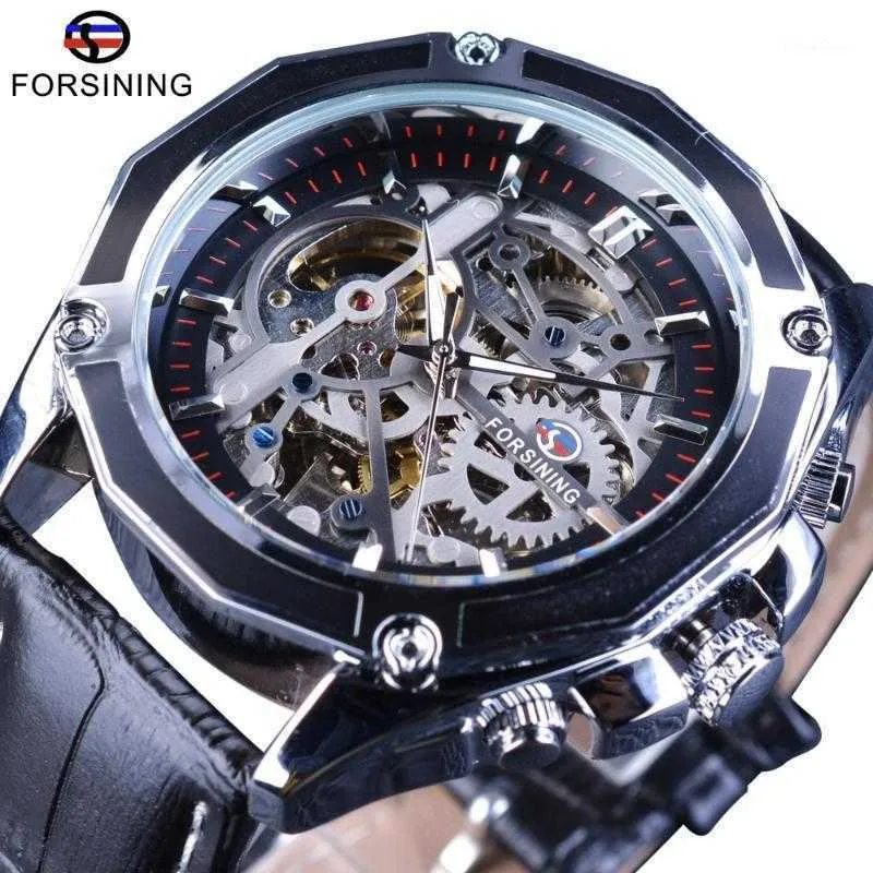 透明なフォーシングギアの動きスチームパンク腕時計本物のベルトセルフウィンドオートマチックメンスケルトンウォッチ腕時計