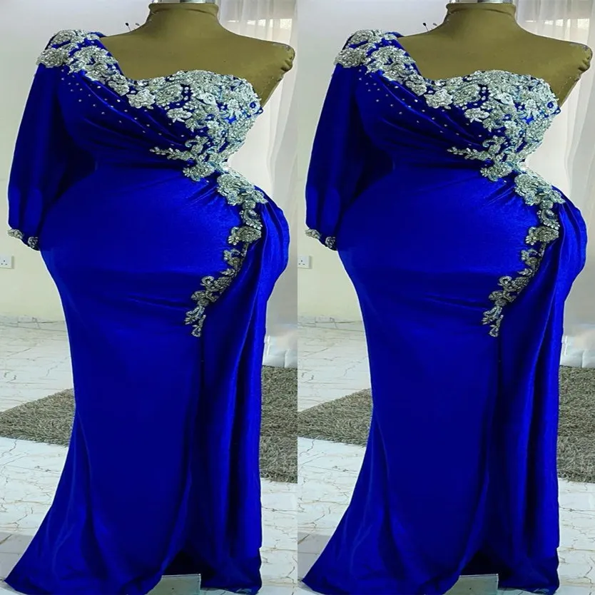 2022 Plus size Arabisch aso ebi Royal Blue Mermaid Prom Dresses Lace kralen avond formeel feest tweede receptie verjaardag verloving bruidsmeisjes jurken jurk zj666