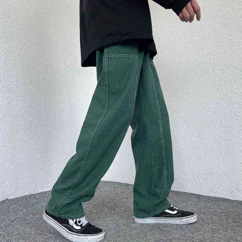 الخريف الجديد الجينز الجينز فضفاضة الرجال الكوريين الأزياء الهيب هوب مستقيم الساق الواسعة رجال السراويل الدنيم الأخضر j220629