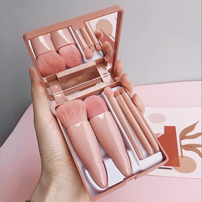 Легко связанный набор кистей для макияжа, профессиональная 5pcs Mini Complete Function Cosmetic Brush Kit с зеркалом, порошок единорога, фундаментальная щетка,